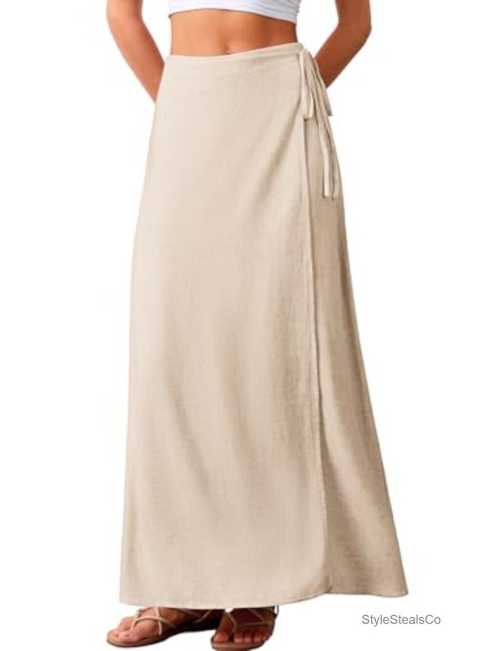 Linen Wrap Maxi Skirt High Waisted Flowy A-Line Long Skirt with Elastic